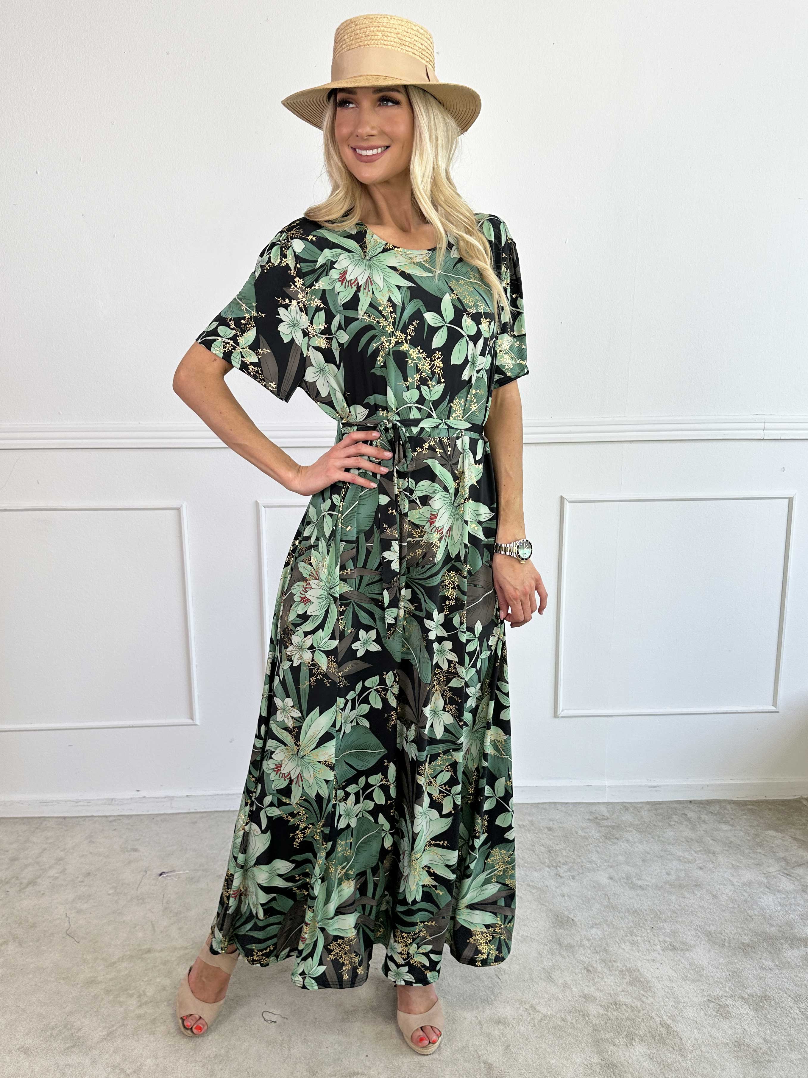 Sansa - Lång elastisk blommig klänning med knytband